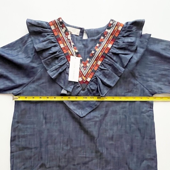 NWT Souk Indigo Hand Embroidered Chambray Top Ruffle V Neck 3/4 Sleeve Pull Over - Picture 8 of 11